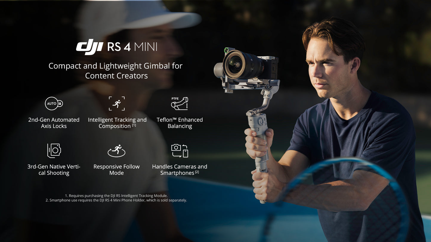 DJI RS 4 Mini (Pre-Order)- Intelligent Tracking / 2nd-Gen Automated Axis Locks / Responsive Follow Mode / 3rd-Gen Vertical Switch / Teflon™ Enhanced Balancing / Compatible with both Cameras and Smartphones