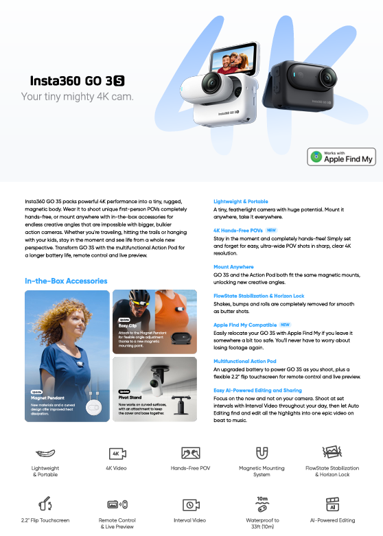 Insta360 GO3S- 4K Camera/Camera pod waterproof 10m/Gesture Control/Locate Device with Apple find my