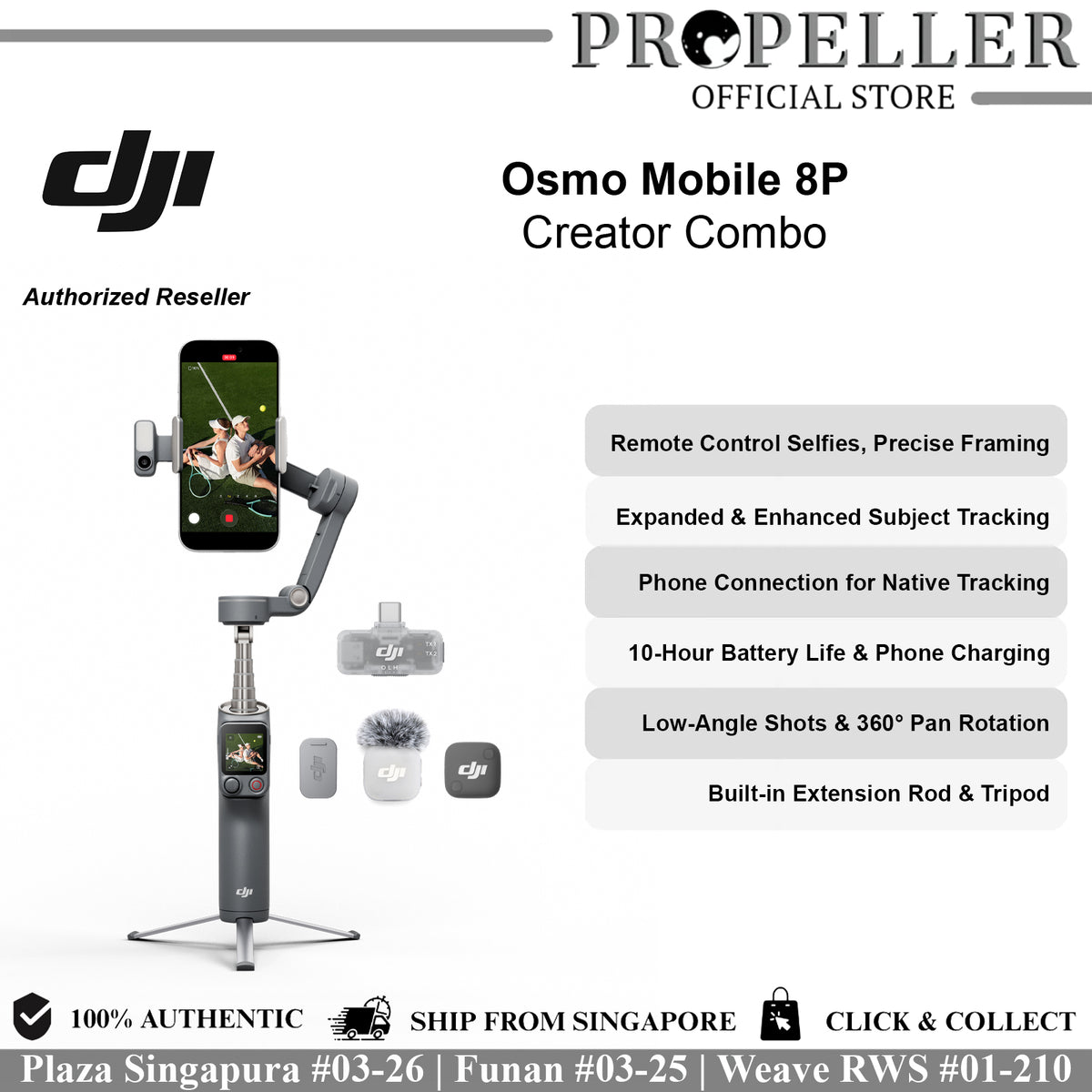 DJI Osmo Mobile 8P Advanced Tracking Combo with Remote Control Selfies, Expanded Subject Tracking, Phone Connection, 10-Hour Battery Life, Low-Angle Shots, 360° Pan Rotation