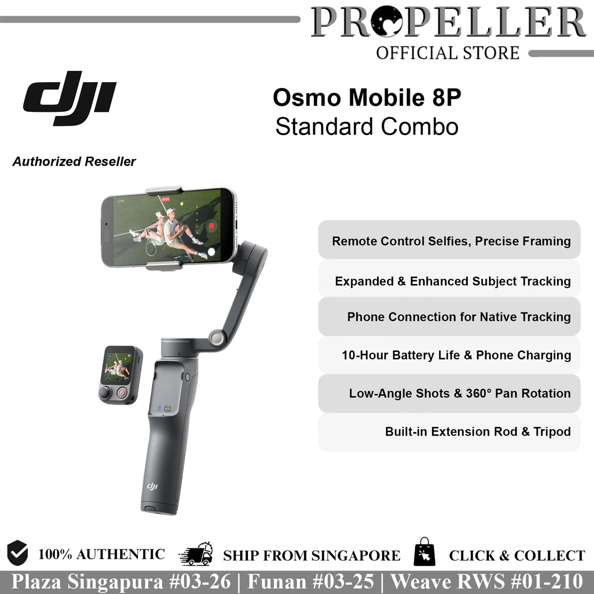 DJI Osmo Mobile 8P Advanced Tracking Combo with Remote Control Selfies, Expanded Subject Tracking, Phone Connection, 10-Hour Battery Life, Low-Angle Shots, 360° Pan Rotation