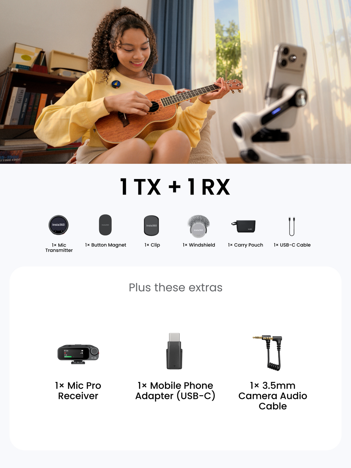 【New Launch】Insta360 Mic,Pro-Level Audio, Insta360 Direct Connect, E-Ink Display, AI Noise Canceling, Expandable Storage, Bluetooth, Video Recording