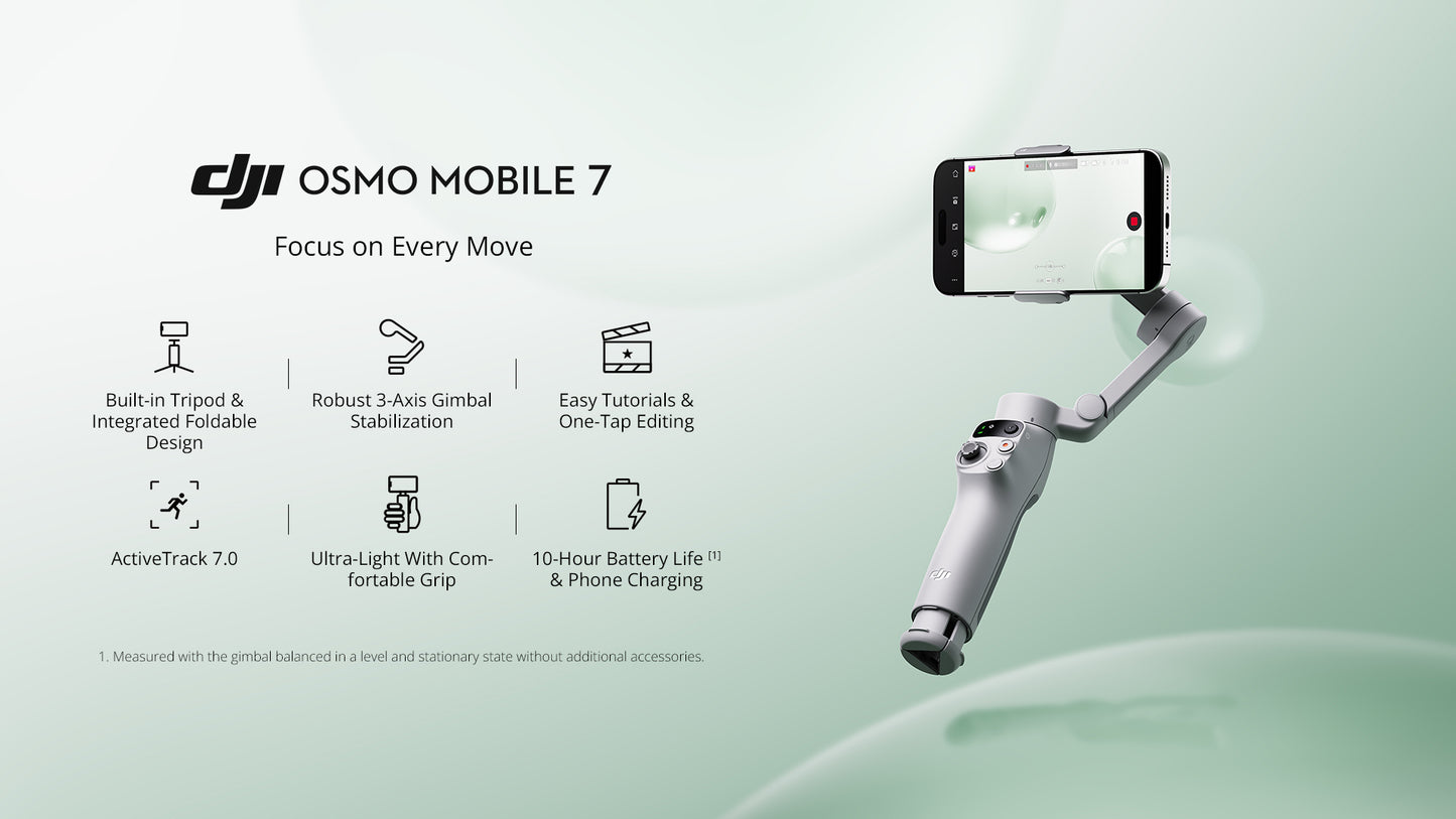 DJI Osmo Mobile 7(Pre-Order) / 7P (In-Stock)- ActiveTrack 7.0 / Robust 3-Axis Gimbal Stabilization / 10 Hours Battery Life with Phone Charging / Built in Tripod & Integrated Foldable Design