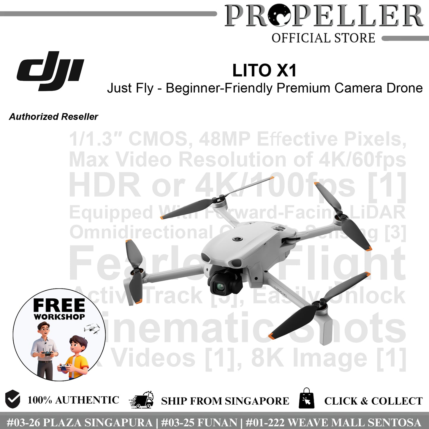 DJI Lito X1 - Premium Beginner Drone | Smart Return Home | 1/1.3" Sensor | Up To 8K Photo, 4K Video| 42GB Built-In Storage