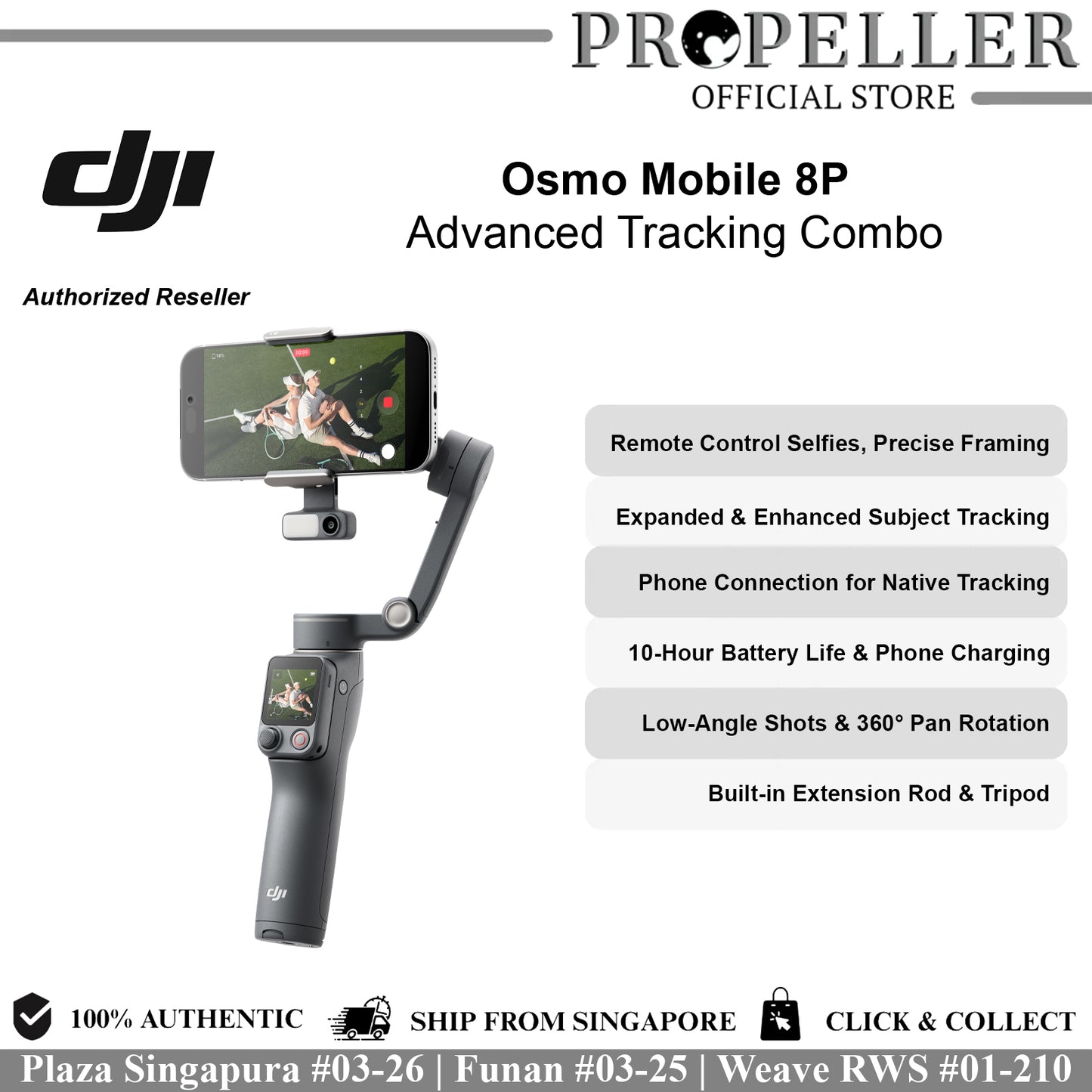 DJI Osmo Mobile 8P Advanced Tracking Combo with Remote Control Selfies, Expanded Subject Tracking, Phone Connection, 10-Hour Battery Life, Low-Angle Shots, 360° Pan Rotation