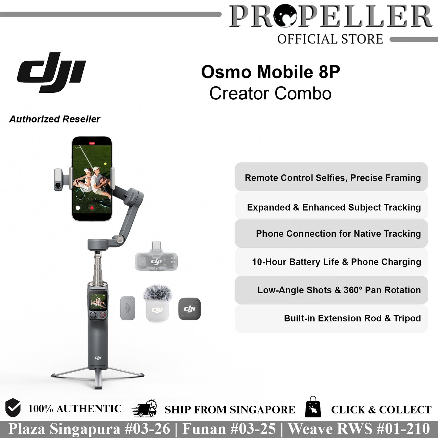 DJI Osmo Mobile 8P Advanced Tracking Combo with Remote Control Selfies, Expanded Subject Tracking, Phone Connection, 10-Hour Battery Life, Low-Angle Shots, 360° Pan Rotation