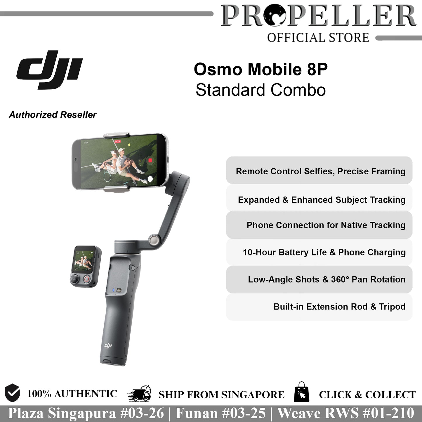 DJI Osmo Mobile 8P Advanced Tracking Combo with Remote Control Selfies, Expanded Subject Tracking, Phone Connection, 10-Hour Battery Life, Low-Angle Shots, 360° Pan Rotation