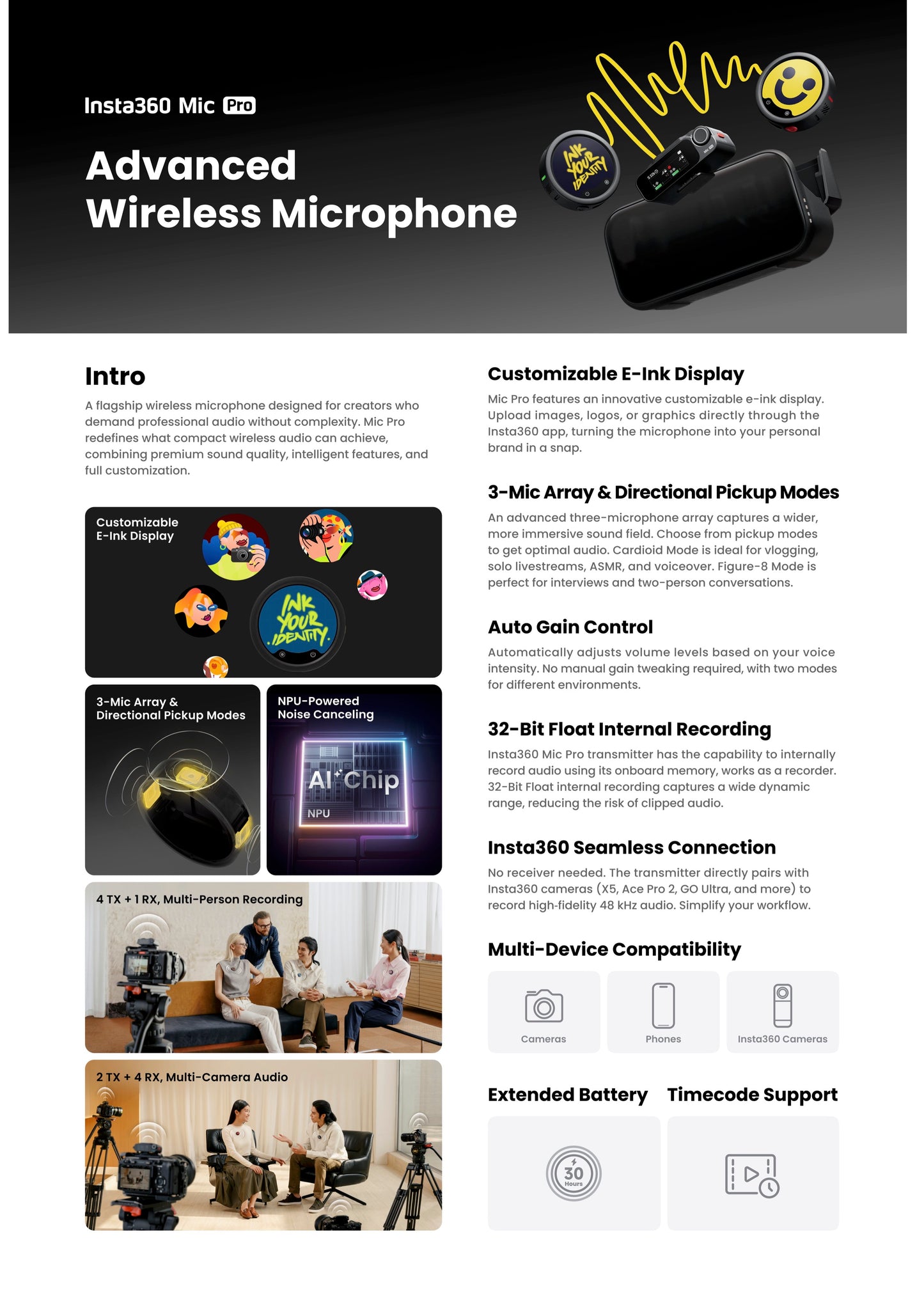 Insta360 Mic Pro | Advance Wireless Microphone | E-ink Display