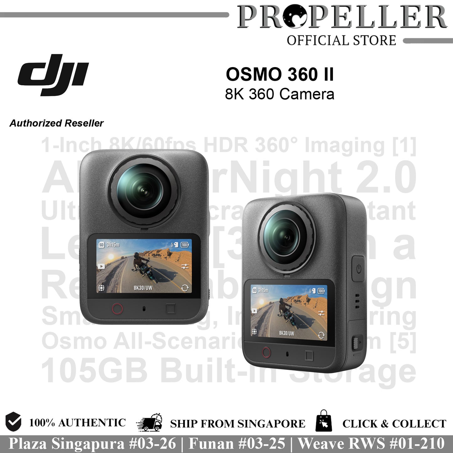 DJI Osmo 360 II 8K 360 Camera with 1-inch sensor 8K/60fps HDR imaging Night vision 2.0 Ultra-crisp resolution and 105GB built-in storage.